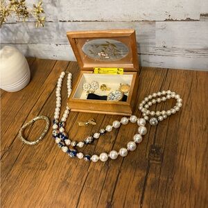 Vintage Small Wooden Floral Jewelry box with Vintage Jewelry Lot